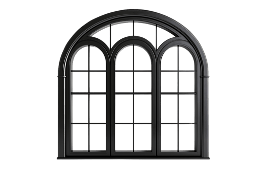 black arched window with a fanlight and multiple panes isolated on transparent background png