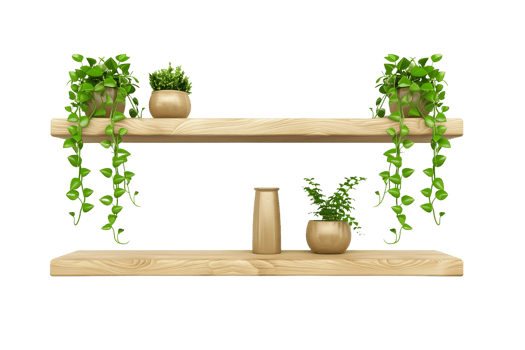 wooden shelf with multiple potted plants and a vase isolated on transparent background png