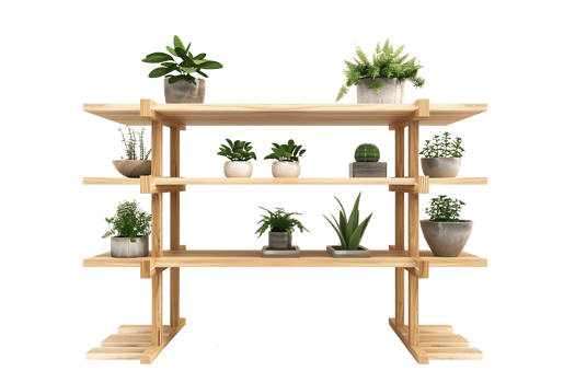 wooden shelf unit with three tiers displays a collection of potted plants isolated on transparent background png