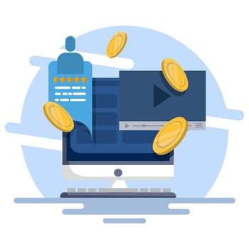 Concept create blog idea vlog make money, income monetize online icon illustration, social monetization chat digital marketing graphic design, internet web electronic media cash on laptop computer. vector