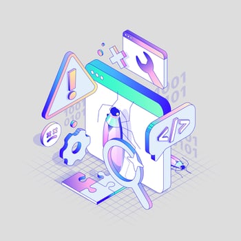 Programmer Bug Fixing concept. Real 3D volumetric beetle. System Errors and Bugs. Isometric illustration in different dimensions vector