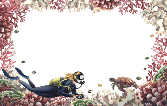 Coral frame with diver and marine life. Undersea world. Watercolor hand drawn. Aquarium, tropical, reef. png