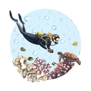 Girl diver swims underwater. Underwater travel. Watercolor hand drawn. Concept for label, magnet, business card png