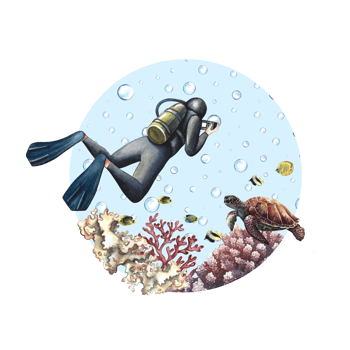 The diver swims underwater at the bottom of the sea. Underwater travel. Watercolor hand drawn. Concept for label, magnet png