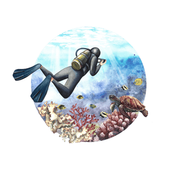 The diver swims underwater at the bottom of the sea. Underwater travel. Watercolor hand drawn. Concept for label, magnet png