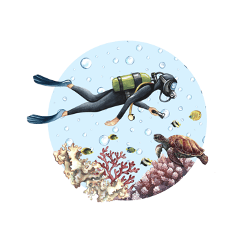 The diver swims underwater at the bottom of the sea. Underwater travel. Watercolor hand drawn. Concept for label, magnet png