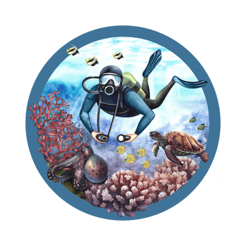 The diver swims underwater at the bottom of the sea. Underwater travel. Watercolor hand drawn. Concept for label, magnet png