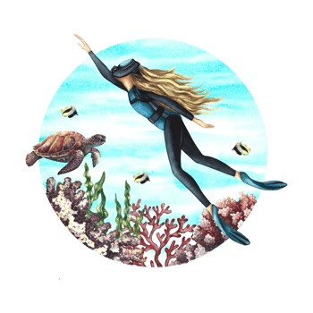 Girl diver swims underwater. Underwater travel. Watercolor hand drawn. Concept for label, magnet, business card png