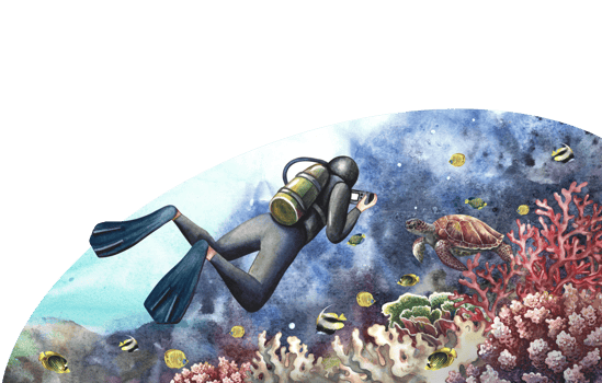 The diver swims underwater at the bottom of the sea. Underwater travel. Watercolor hand drawn. Concept label, business png