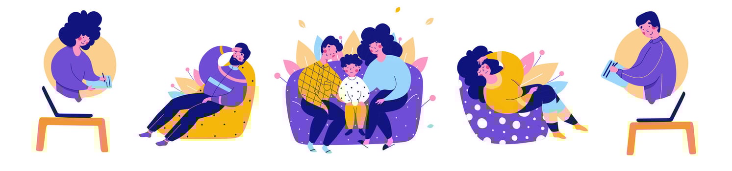 Family with child consultation with psychologist online, flat cartoon illustration set vector