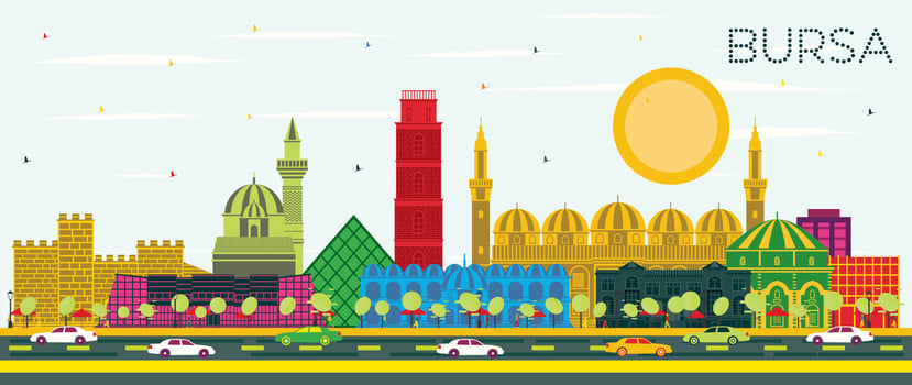 Bursa Turkey City Skyline with Color Buildings and Blue Sky. Business Travel and Concept with Historic Architecture. Bursa Cityscape with Landmarks. vector