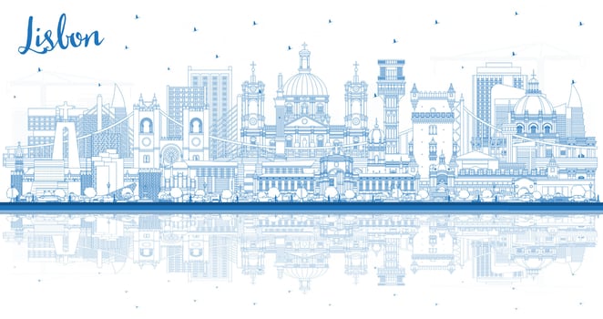 Outline Lisbon Portugal city skyline with blue buildings and reflections. Lisbon cityscape with landmarks. Business travel and tourism concept with historic architecture. vector