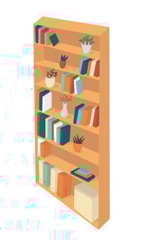 Bookshelf with books and plants flat illustration vector
