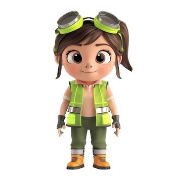 3D animated construction worker girl in safety gear, smiling with goggles on head, white background. png
