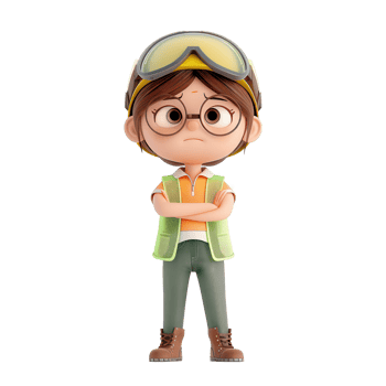 3D illustration of a young animated character in construction attire with crossed arms, wearing safety gear on a white background. png