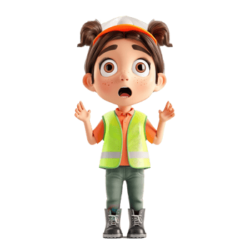 Animated character of a surprised young girl wearing safety gear and standing with an open-mouthed expression. png