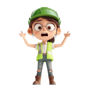 Animated girl construction worker with green helmet and safety vest, standing surprised with arms wide open and mouth agape. png