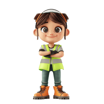 Animated child with safety gear, construction theme, bright colors, isolated on white background. png