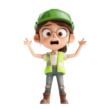 Cute animated engineer character with green helmet, protective vest, and glasses expressing surprise on a white background. png