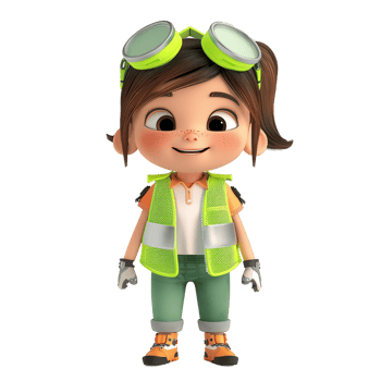 Cute cartoon girl in construction attire with safety vest and goggles, standing confidently and smiling. Adorable and ready for any project. png