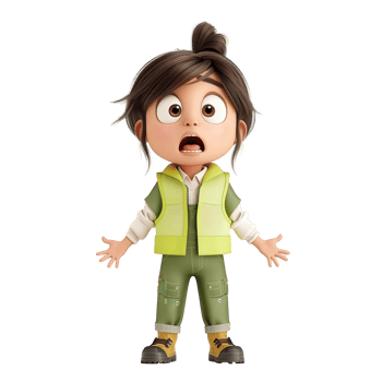 Cute animated character with surprised expression, wearing green outfit, standing against a plain background. png