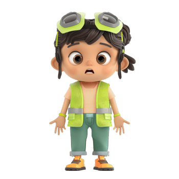 Cartoon character with a surprised expression, wearing a green vest and goggles, isolated on a white background. png