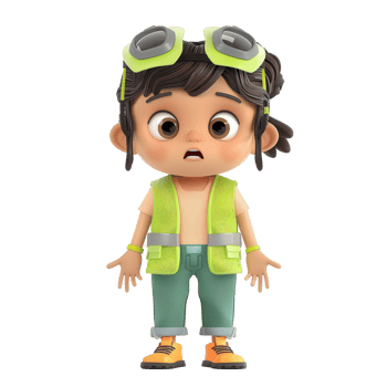 Animated child character with goggles and green vest, expressing surprise on a white background. png