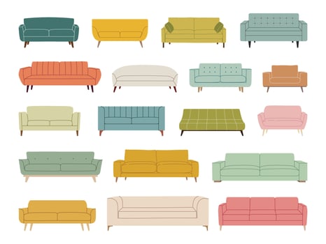 Set of trendy scandinavian sofas couches and armchairs. Modern, comfortable soft furniture collection for cozy home design. Colorful flat illustration isolated on white background. vector