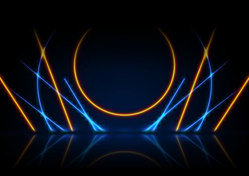 Orange blue neon lines and circles abstract technology background vector