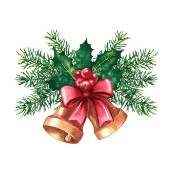 Christmas bells with red ribbon, fir branches and holly. Watercolor. For labels and packaging, printing and stickers. png