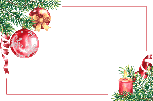 Festive Christmas card with a Christmas tree and holiday decorations balls, ribbons and candles. Watercolor illustration png