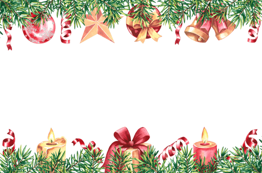 Festive Christmas card frame with Christmas tree and holiday decorations, balls, ribbons and candles. Watercolor png