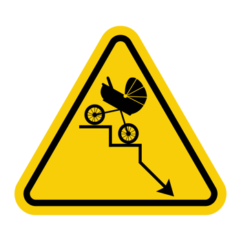 Sign of declining birth rate. Negative fertility graph with an arrow pointing down. Demographic decline, fertility decline curve. Warning yellow triangular sign. png