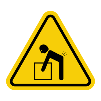 Sign is a heavy object. Don't wear it alone. Alerts to take precautions to avoid back injuries. Use correct lifting techniques or aids. Warning yellow triangular sign. png