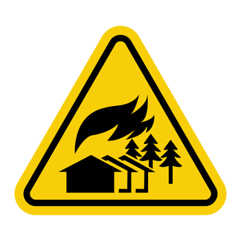Fire sign. Danger of large fire. The sign is used in areas where there is a high probability of large fires such as forests. Warning yellow triangular sign. png