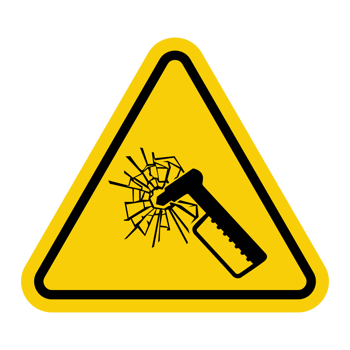 Emergency hammer sign. Location of hammer for breaking glass in an emergency such an accident or fire. Used in buses, trains and buildings to provide rapid evacuation. Warning yellow triangular sign. png