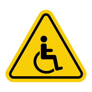 Wheelchair sign. Places intended for people with disabilities. Signage to accessible parking spaces, entrances, restrooms, elevators and other amenities for wheelchair use. Warning yellow road sign. png