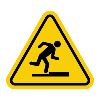 Threshold sign, curb. Obstacle sign. Sign stumble. Presence of obstacles along way that could cause trips and falls. Use caution when crossing a threshold or curb. Warning yellow triangular road sign. png