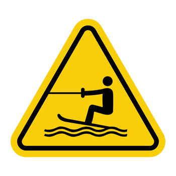 Surfing and water skiing sign. Places where surfing and water skiing are allowed. Divides zones between different groups of vacationers. Warning yellow triangular road sign. Safety in the water area. png