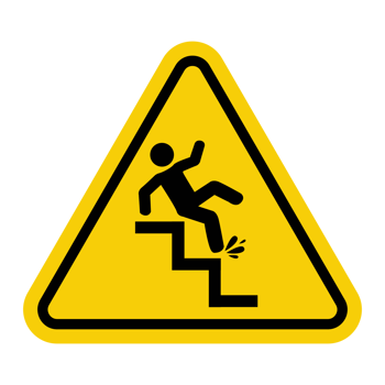Slippery stairs sign. Caution stairs may become slippery due to weather conditions, water, oil or other factors. Prevention of accidents. Warning yellow triangular road sign. png