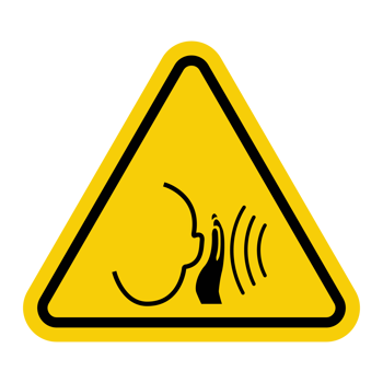 High noise areas. Hearing protection sign. Wear headphones or earplugs. Take precautions to protect your hearing. Noise protection sign. Warning yellow triangular road sign. png