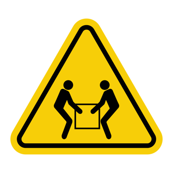 Sign two people lift load. Avoid injuries caused by improper lifting heavy objects. Lift heavy objects using two people to prevent injury and ensure safety work. Warning yellow triangular road sign. png