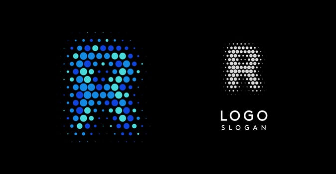 Abstract letter R logo with blue gradient dots, modern minimalist design. Ideal for business branding, corporate identity, technology firms. Stylish and professional symbol. illustration vector