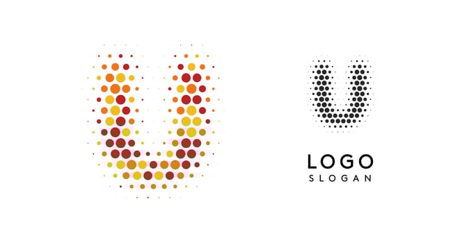 Abstract letter U logo with orange to red gradient dots, dotted emblem for business branding, corporate identity, technology firms. Stylish and professional symbol. illustration vector