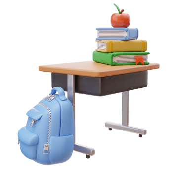 3D Education Concept Icon. School desk with Stack of Books. School Bag. School Concept. Back to school. 3d render illustration png