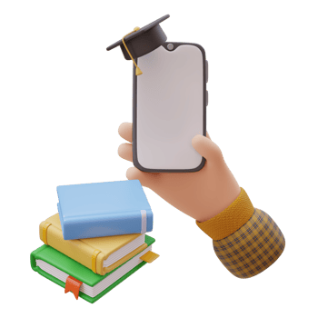 3D Education Concept Icon. Hand Holding Smartphone with Mortarboard. Stack of book. School Concept. Back to school. 3d render illustration png