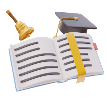 3D Education Concept Icon. Flying Open Book with bookmark, Bell, Mortarboard. School Concept. Back to school. 3d render illustration png