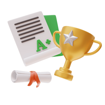 3D Education Concept Icon. Flying Perfect Grade, Trophy Cup and Certificate. School Concept. Back to school. 3d render illustration png