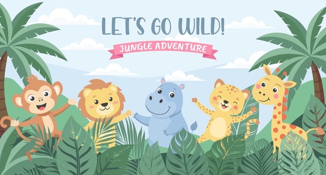 Jungle Adventure zoo. Childrens animals, safari background. Cute animals in the jungle. Illustration in flat style, invitation, postcard vector