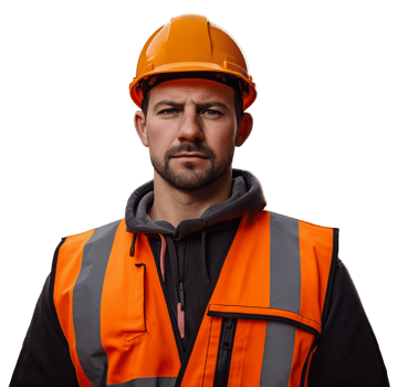 A young male construction worker in helmet stands on a transparent background png